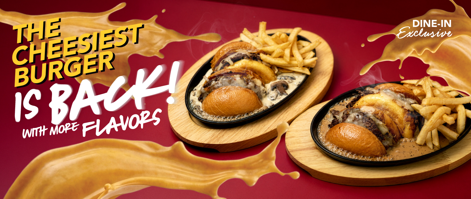 20260827_SW_SizzlingCheeseBurger_Website_main banner_1180x500-02 - Swensen's Singapore Advertisement banner: two cheeseburger plates with fries on wooden boards, bold text 'The Cheesiest Burger Is Back' on a red background with 'Dine-In Exclusive' in the corner.